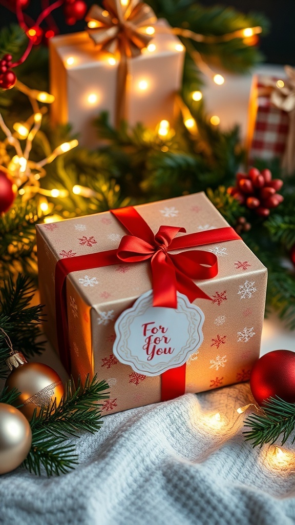 A festive Christmas gift box with a red ribbon and holiday decorations.